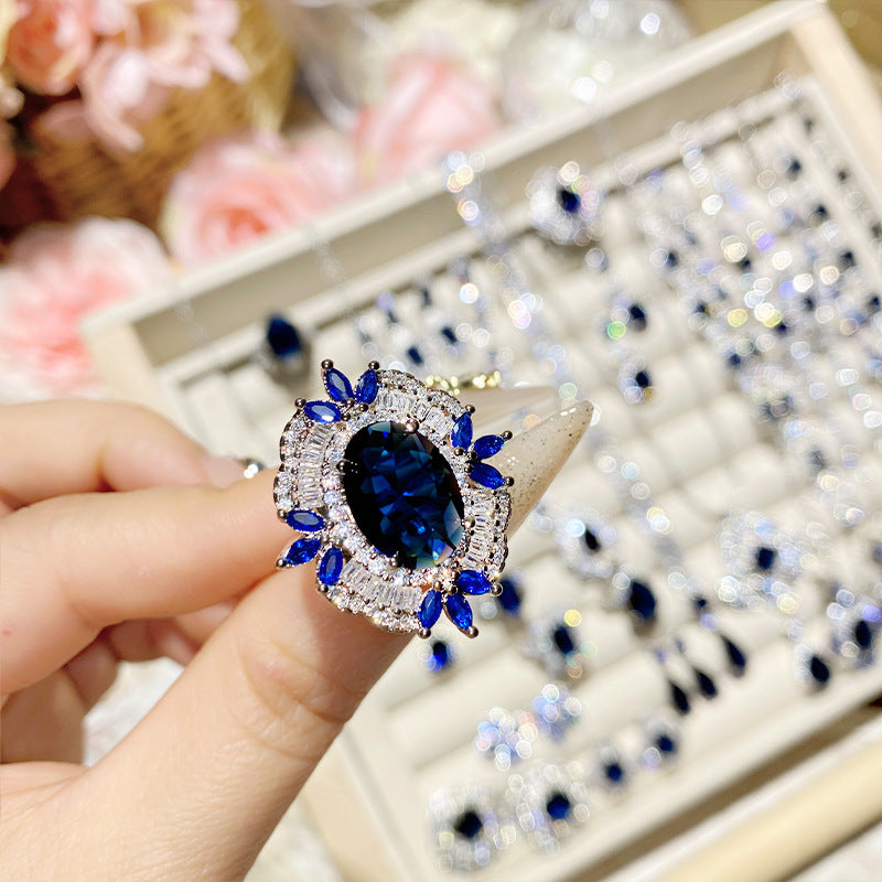 Imitation natural blue gemstone gold-plated studded ring earrings necklace bracelet