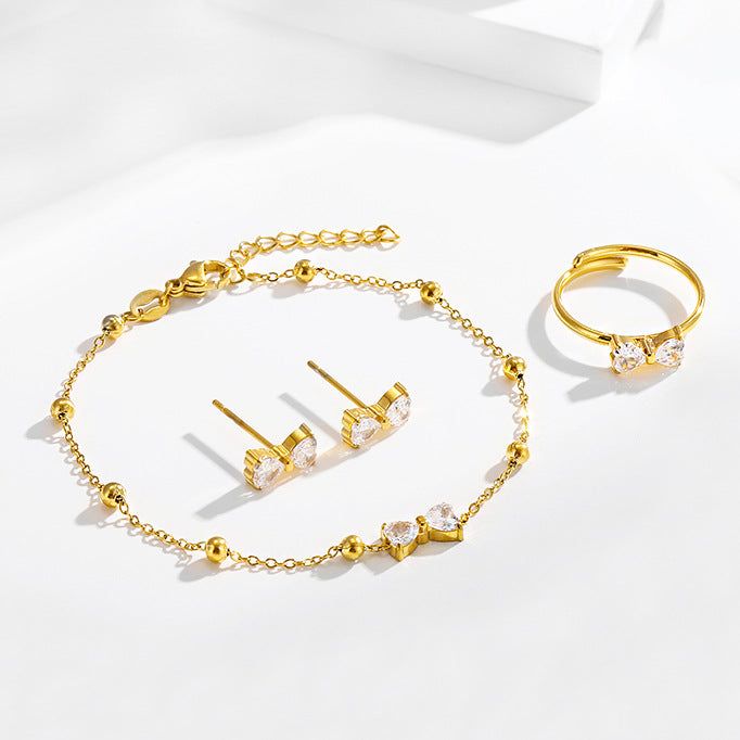 Stainless steel bow zircon bracelet earrings ring set of three