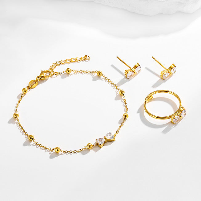 Stainless steel bow zircon bracelet earrings ring set of three