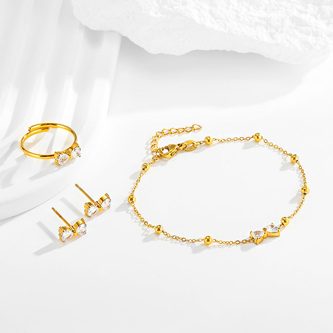 Stainless steel bow zircon bracelet earrings ring set of three