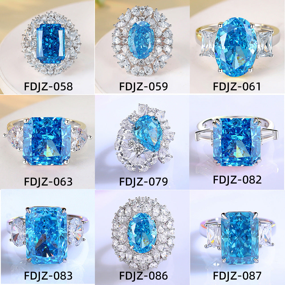 S925 Silver High Carbon Diamond Aquamarine 8A Zircon Reddean gem ring