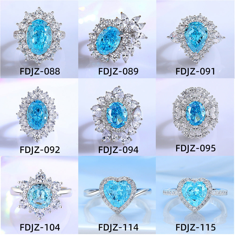 S925 Silver High Carbon Diamond Aquamarine 8A Zircon Reddean gem ring