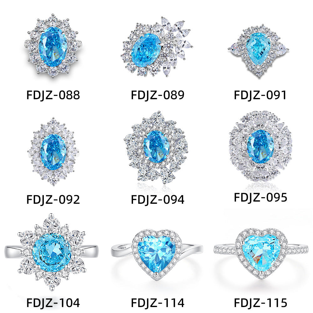 S925 Silver High Carbon Diamond Aquamarine 8A Zircon Reddean gem ring