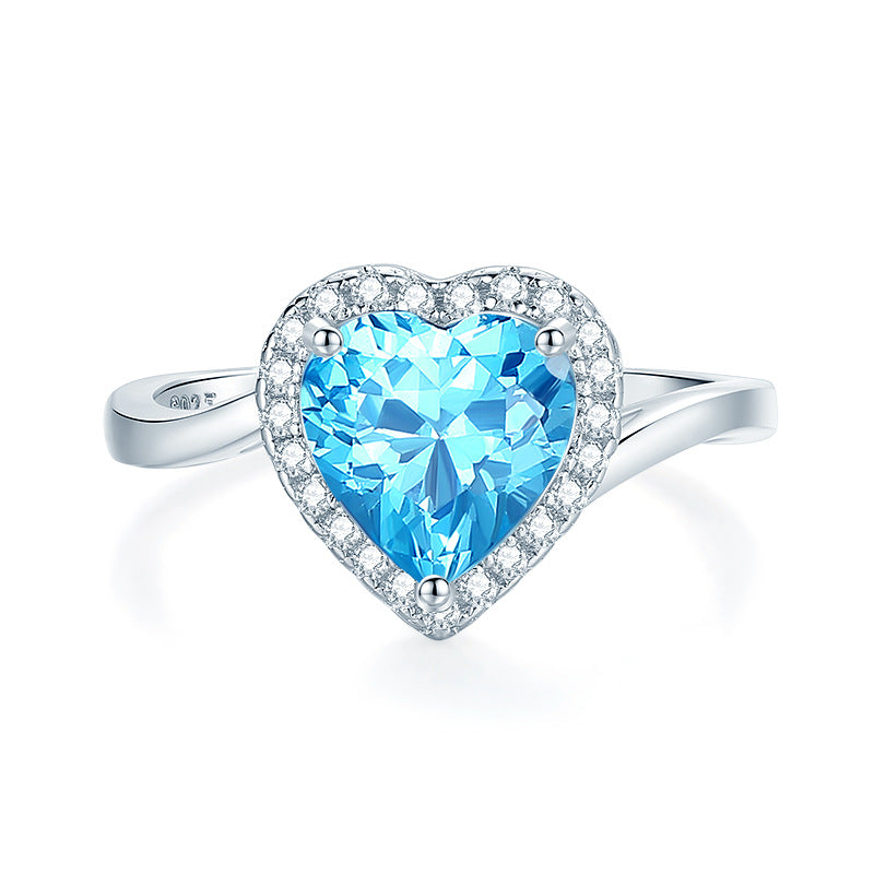 S925 Silver High Carbon Diamond Aquamarine 8A Zircon Reddean gem ring