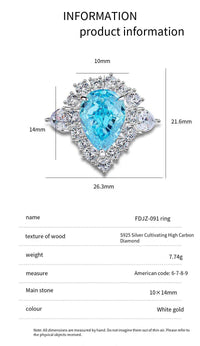 S925 Silver High Carbon Diamond Aquamarine 8A Zircon Reddean gem ring