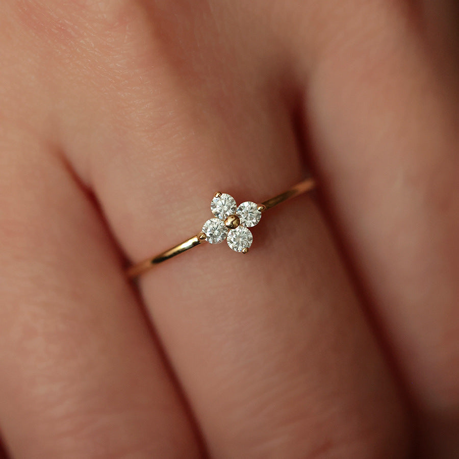 S925 silver, 18K gold, four-leaf clover with zircon, delicate ring.