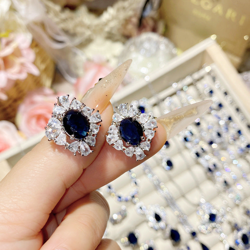 Imitation natural blue gemstone gold-plated studded ring earrings necklace bracelet