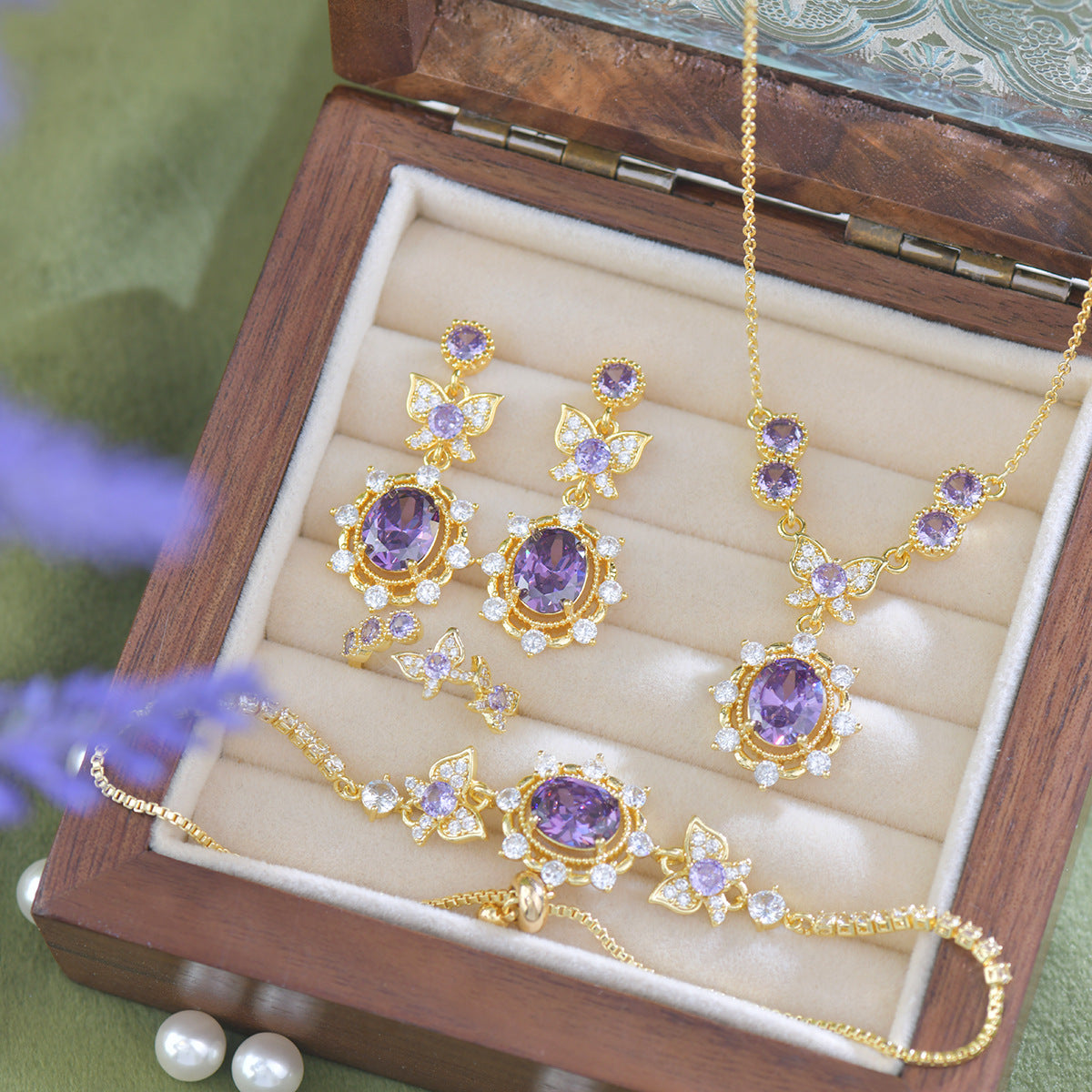 Purple zircon electroplated gold lavender manor butterfly earrings necklace bracelet set