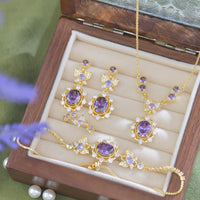Purple zircon electroplated gold lavender manor butterfly earrings necklace bracelet set