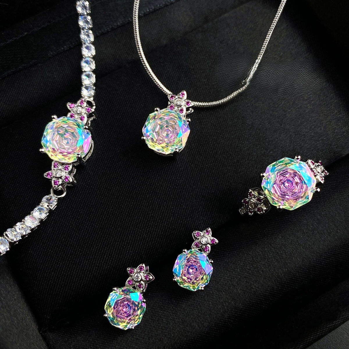 Octagonal rose bracelet necklace earrings ring set