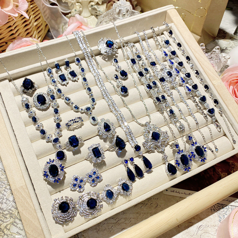 Imitation natural blue gemstone gold-plated studded ring earrings necklace bracelet