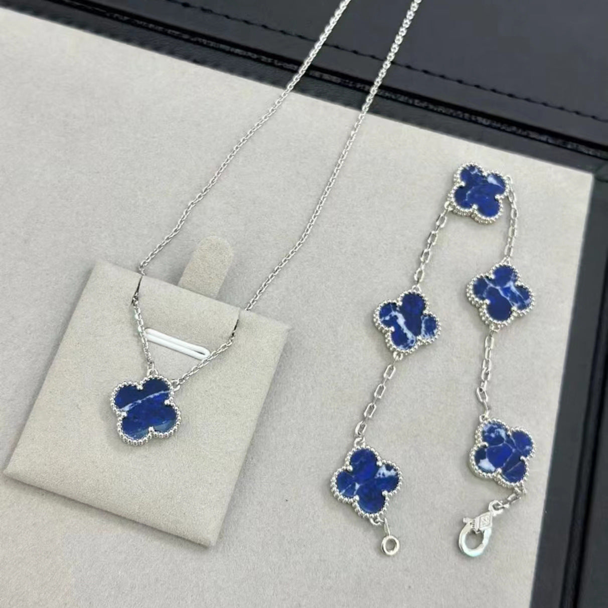 Blue Peter stone clover bracelet silver obsidian necklace bracelet set