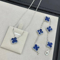 Blue Peter stone clover bracelet silver obsidian necklace bracelet set