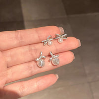 925 silver needle Pearl bow earrings inlaid with zircon