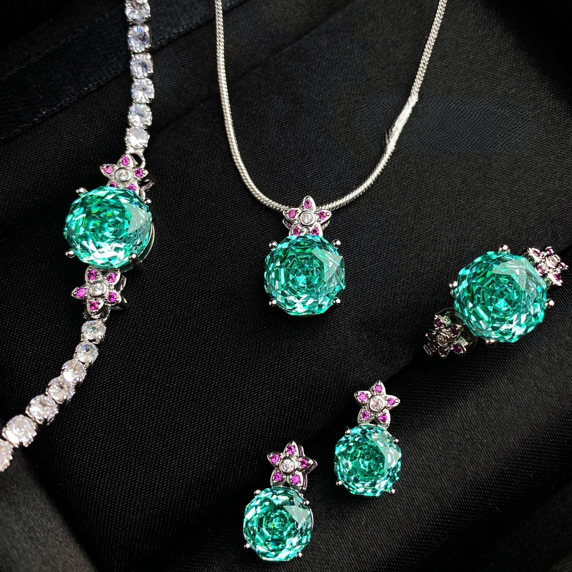 Octagonal rose bracelet necklace earrings ring set