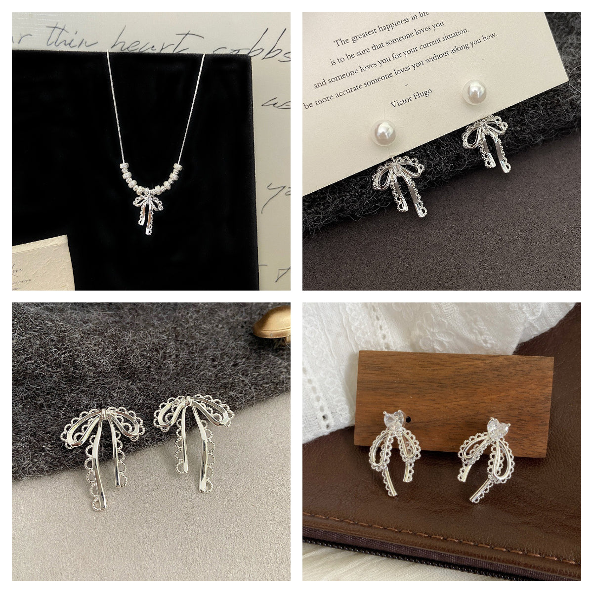 Bow openwork lace thick silver beaded pendant necklace  earrings set