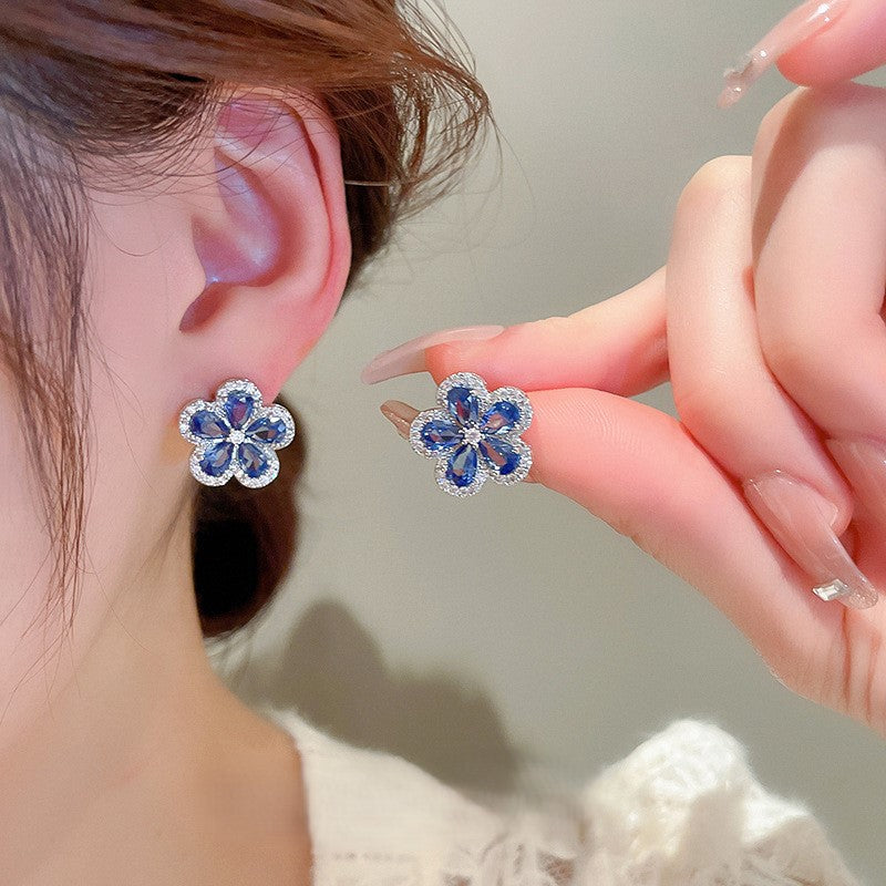 Silver needle micro-inlaid zircon blue flower earring necklace set