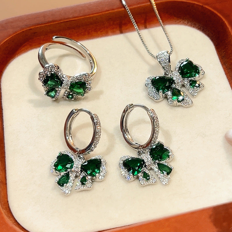 Emerald Butterfly Set S925 Silver Needle Earrings Necklace Ring