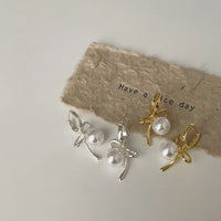 925 silver needle plated with real gold Bow Pearl Earrings