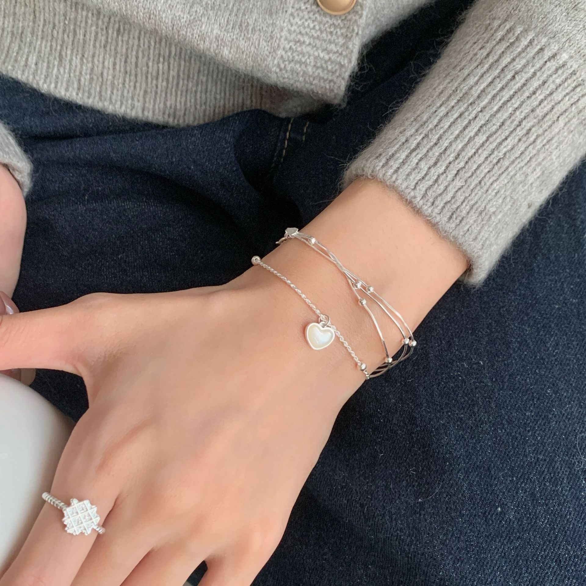S925 sterling silver three-layer bead snake bone bracelet