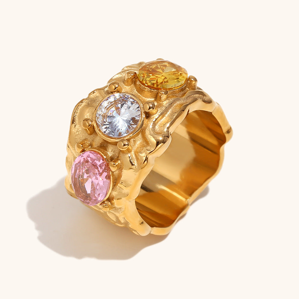 Irregular colored diamond stainless steel bracelet ring earrings plated with 18K gold.