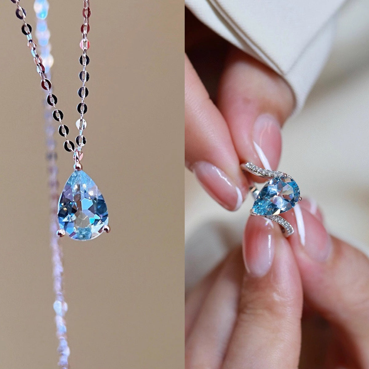 S925 sterling silver sky blue drop necklace ring