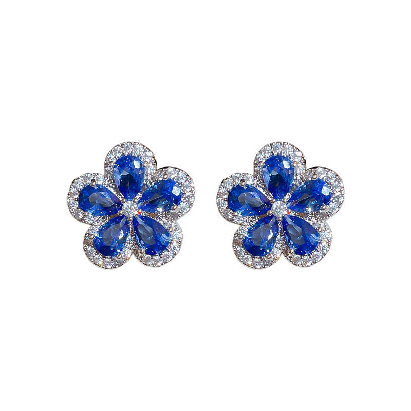 Silver needle micro-inlaid zircon blue flower earring necklace set