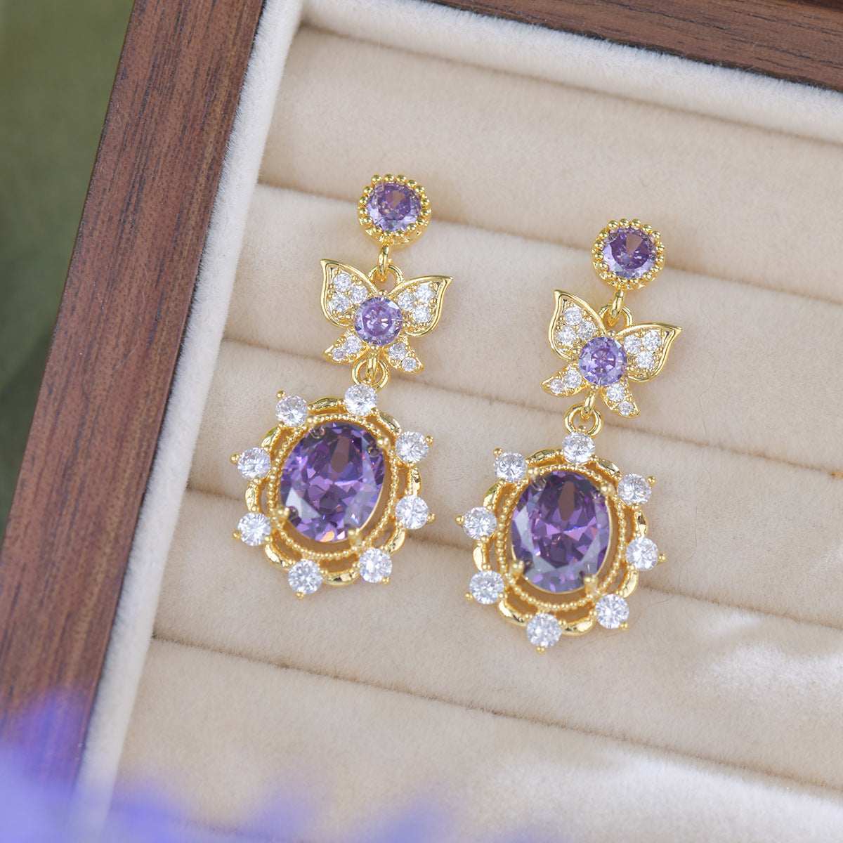 Purple zircon electroplated gold lavender manor butterfly earrings necklace bracelet set