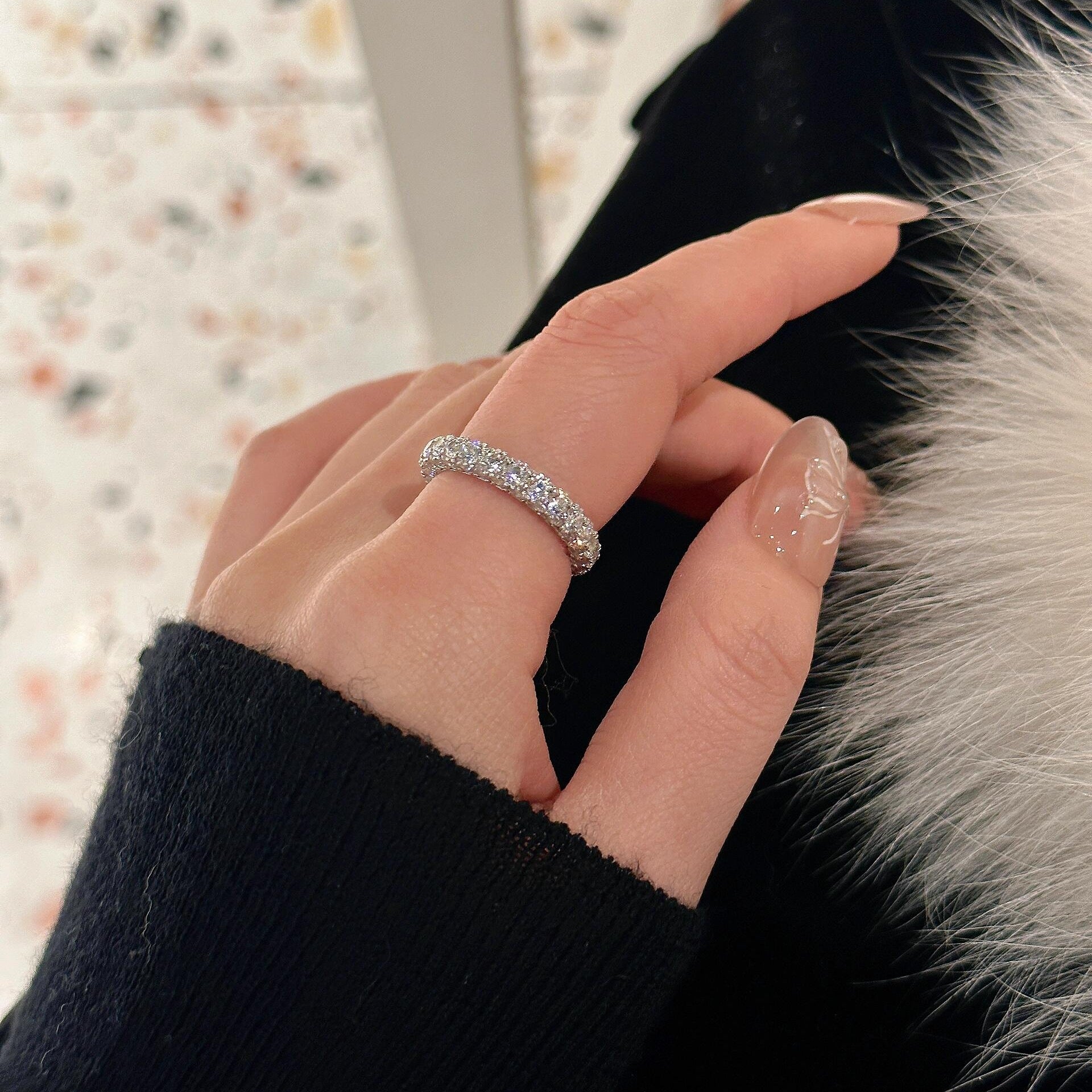 S925 sterling silver doughnut three-sided diamond ring finger