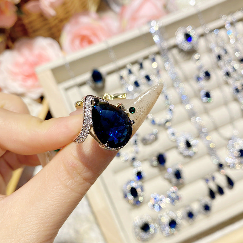 Imitation natural blue gemstone gold-plated studded ring earrings necklace bracelet