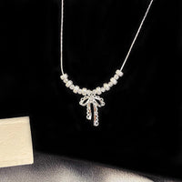 Bow openwork lace thick silver beaded pendant necklace  earrings set