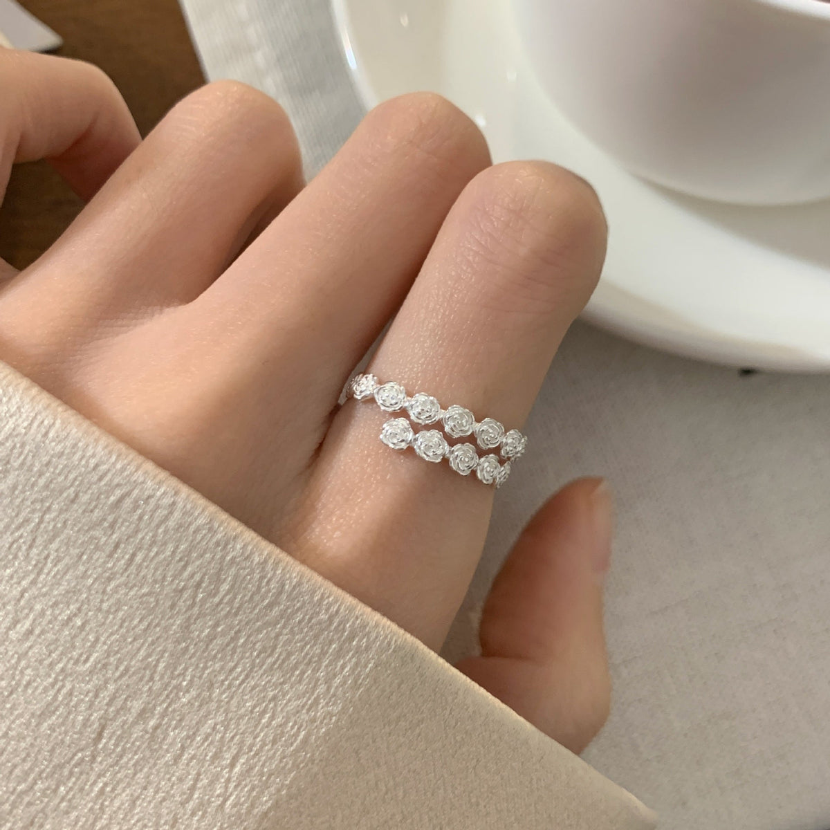 S925 sterling silver flower ring
