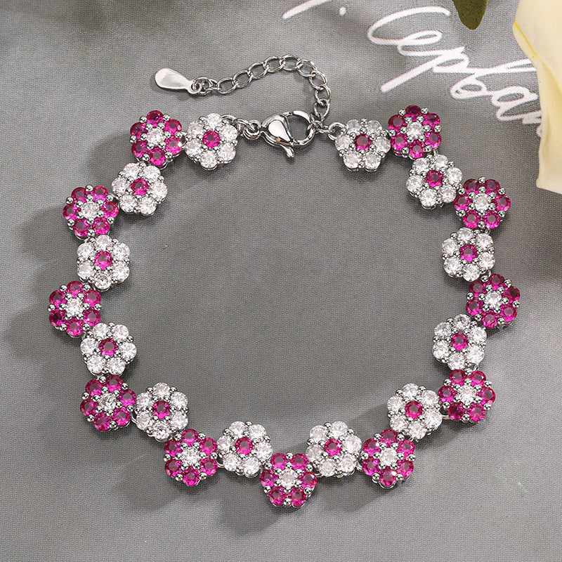 Red corundum zircon flower earrings bracelet necklace set