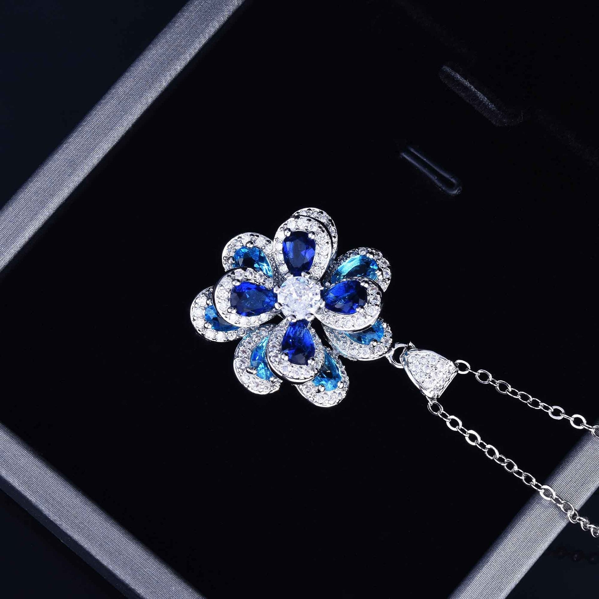 Zircon Flower Silver Needle Earrings Camellia Necklace Bracelet Ring Set