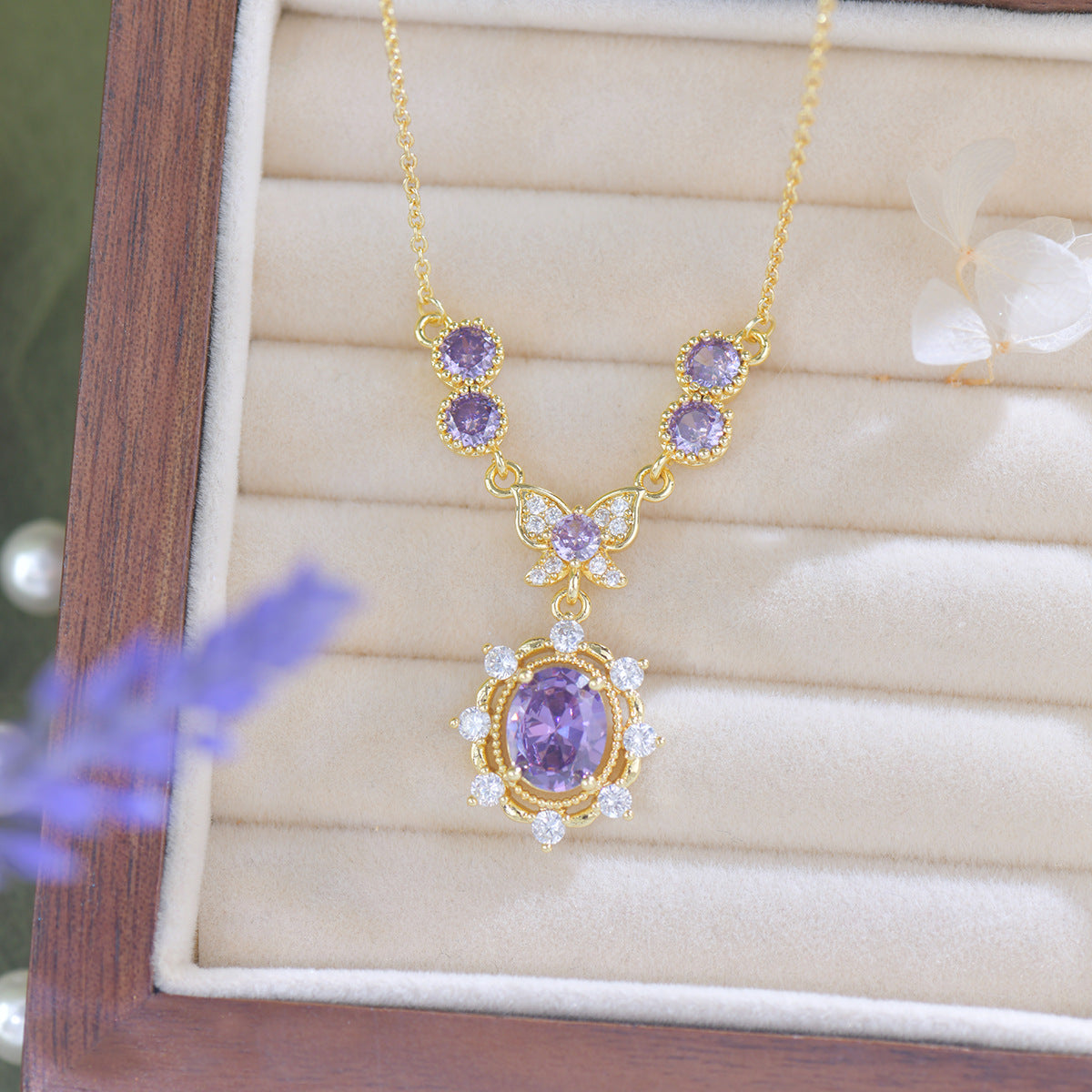 Purple zircon electroplated gold lavender manor butterfly earrings necklace bracelet set