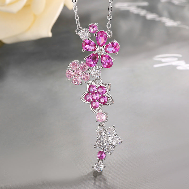 Red corundum zircon flower earrings bracelet necklace set