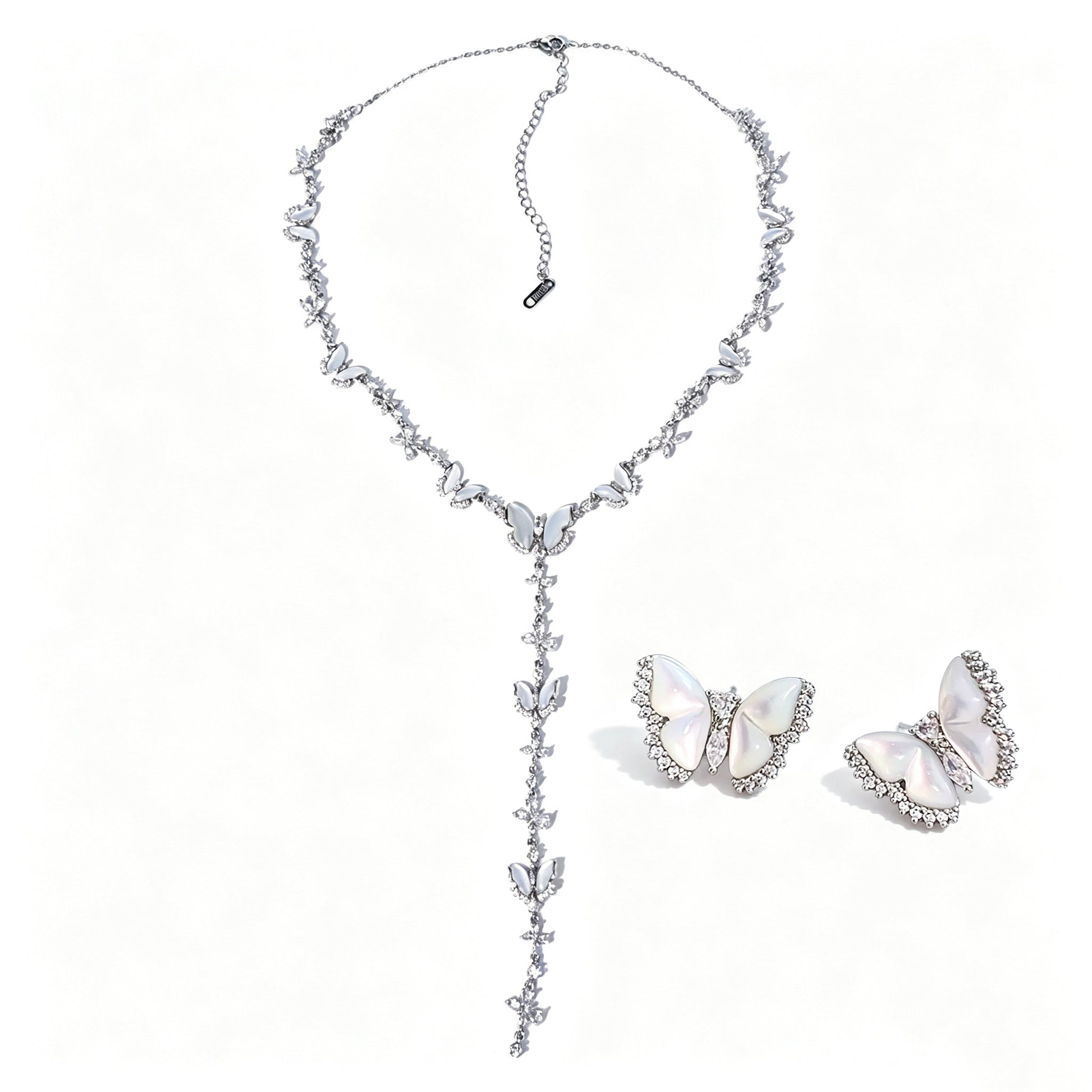 Natural Mother-of-Pearl & Zircon Butterfly Necklace and Earrings