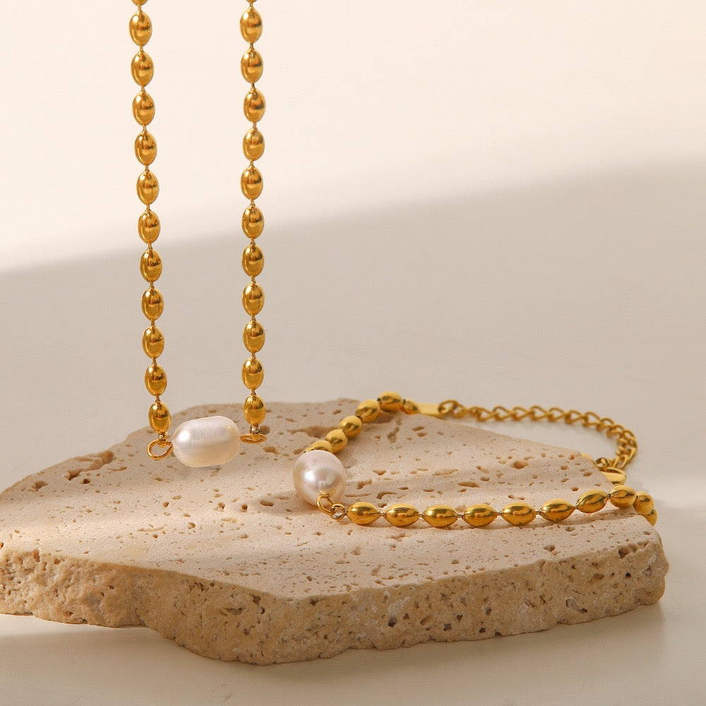 Natural Pearl Gold Stainless Steel Necklace Bracelet