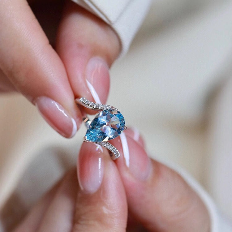 S925 sterling silver sky blue drop necklace ring