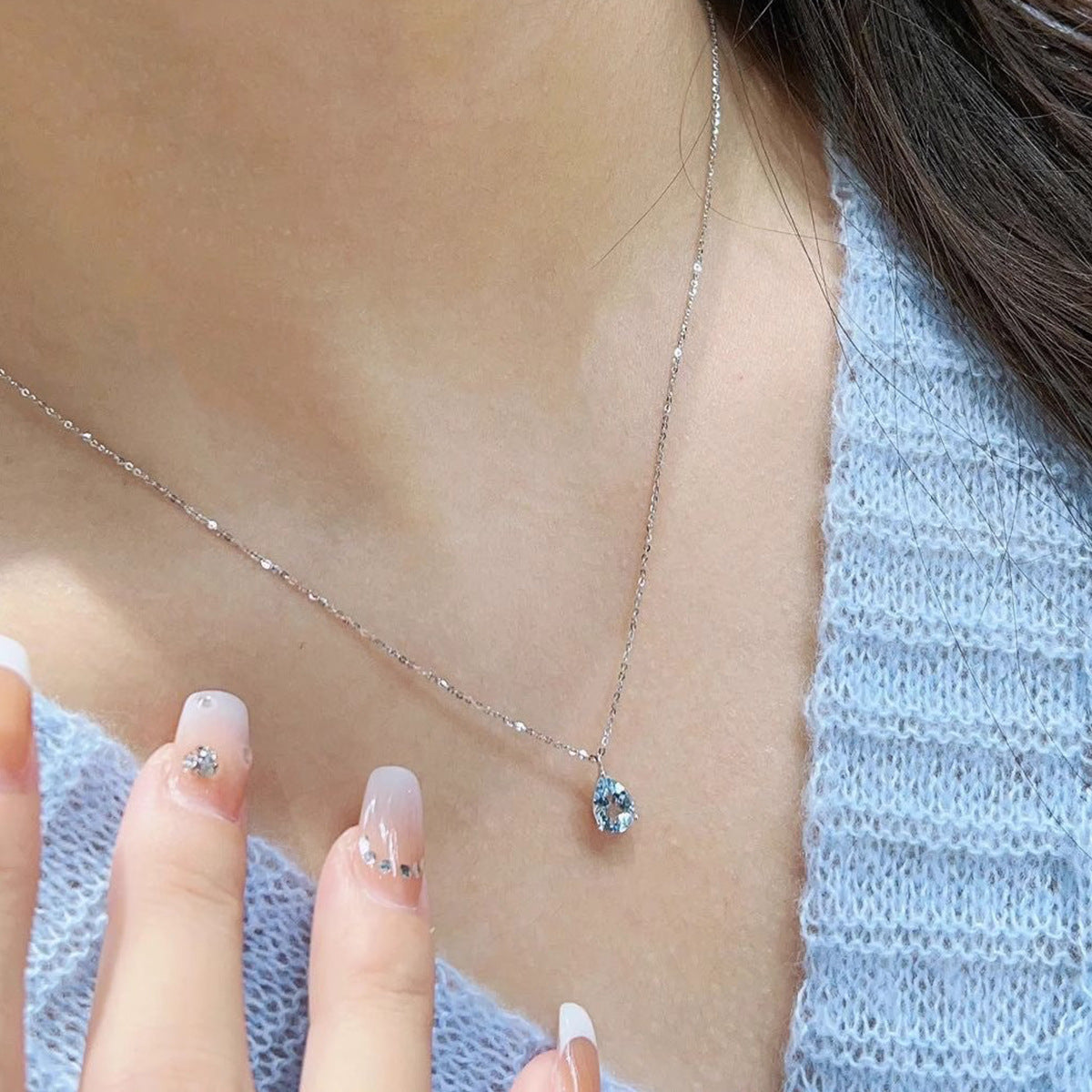 S925 sterling silver sky blue drop necklace ring