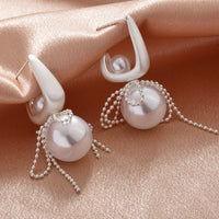 Brushed Pearl Bow Lace Tassel Earrings