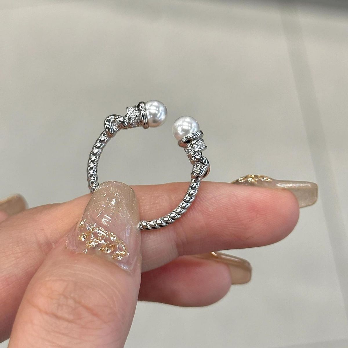 S925 sterling silver Fried Dough Twists pearl ring Swarovski pearl opening adjustable