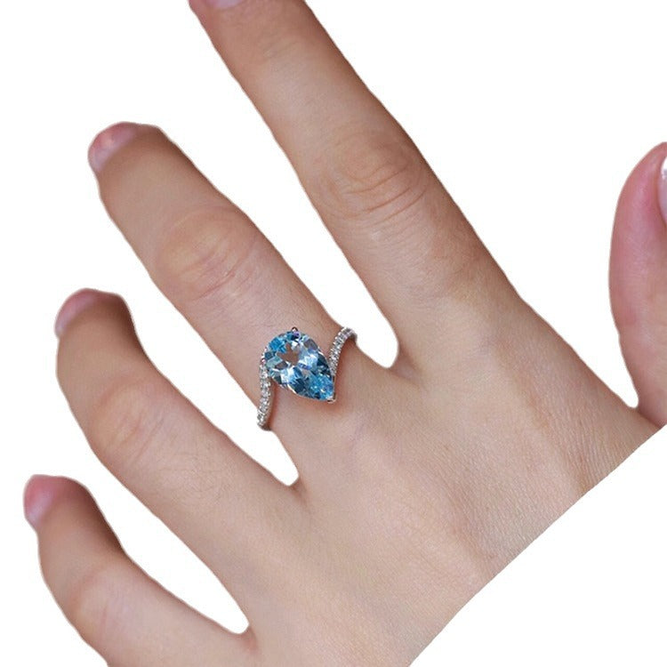 S925 sterling silver sky blue drop necklace ring