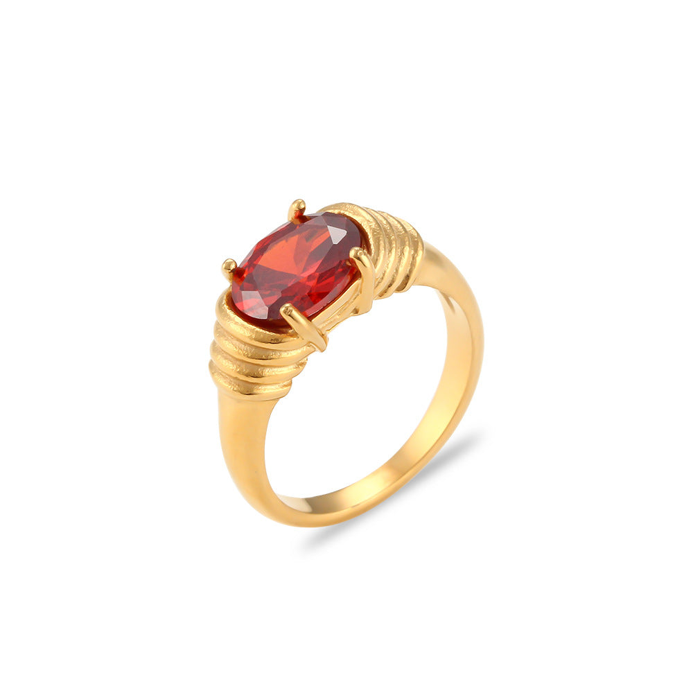 Stainless Steel Waterproof 3A Winding Pattern Oval Zircon Ring