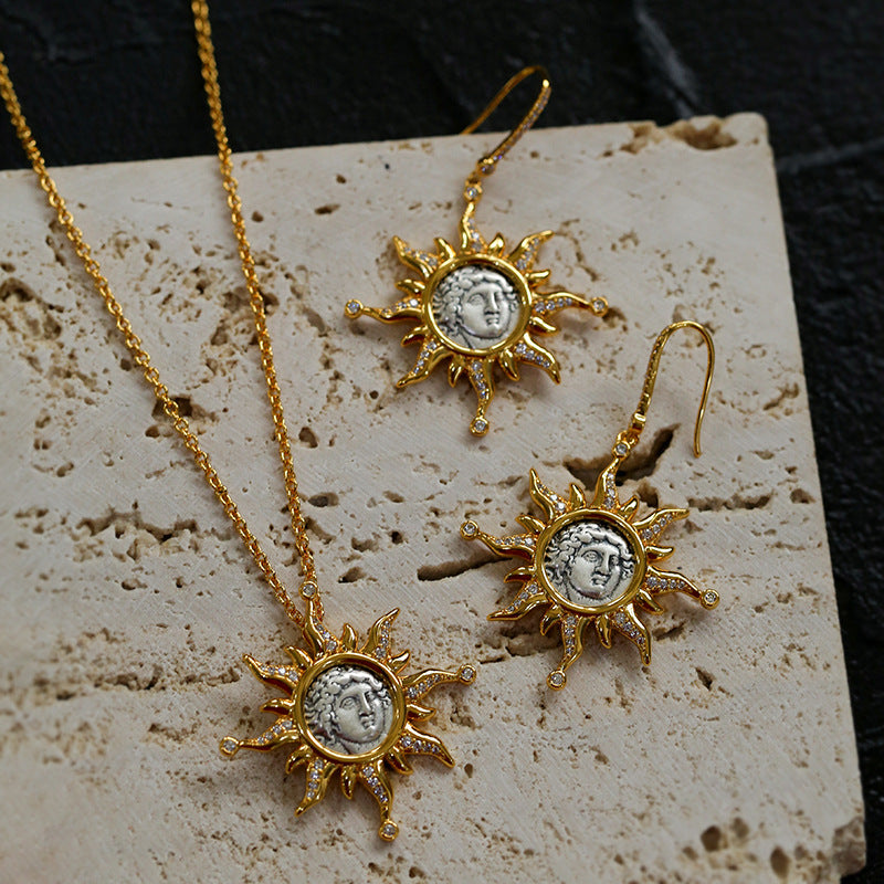 Apollo Silver Coin Necklace Earrings Jewelry Set