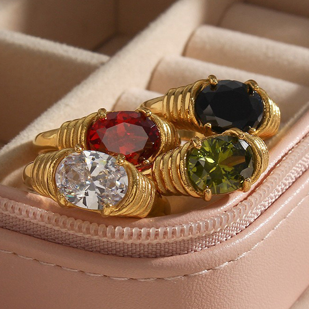 Stainless Steel Waterproof 3A Winding Pattern Oval Zircon Ring