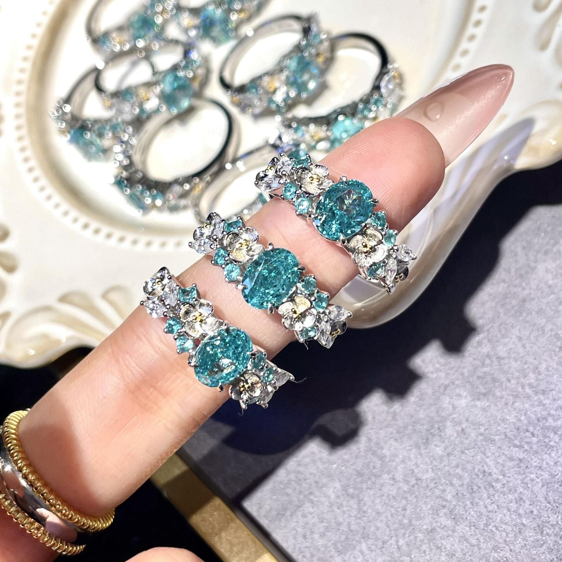 S925 sterling silver flower fairy blue hydrangea paraiba ring