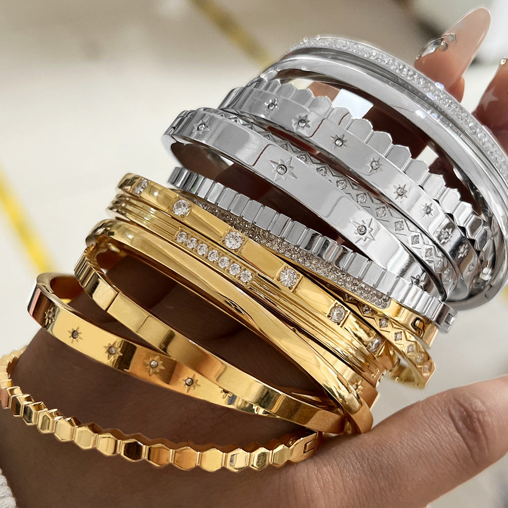 Colorfast diamond-encrusted stainless steel bracelet