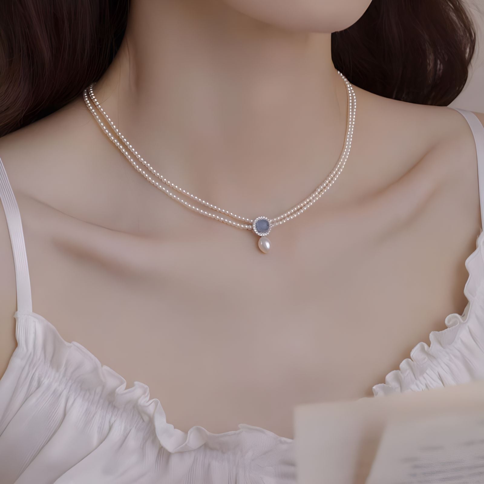 S925 Natural Aquamarine Freshwater Pearl Necklace