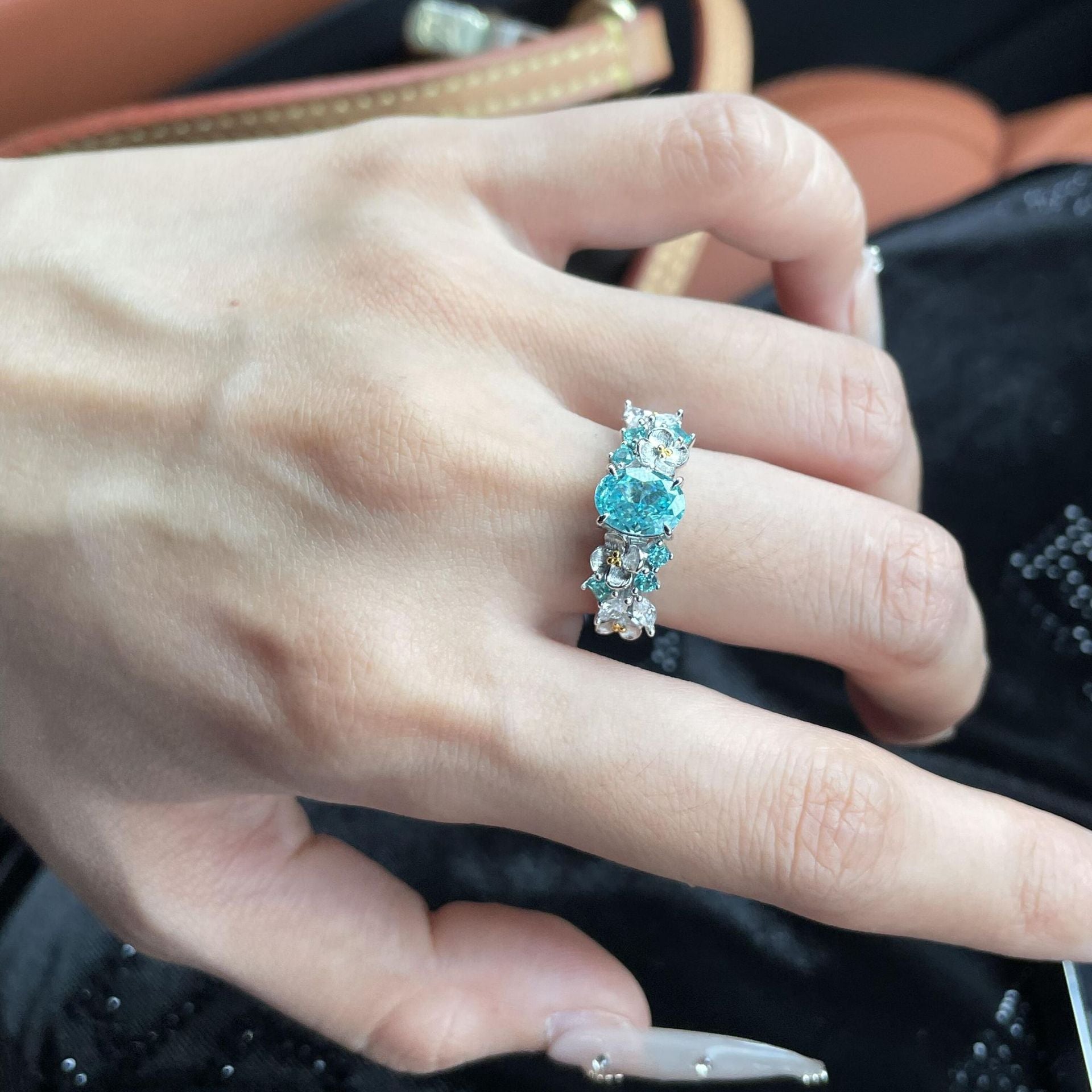S925 sterling silver flower fairy blue hydrangea paraiba ring